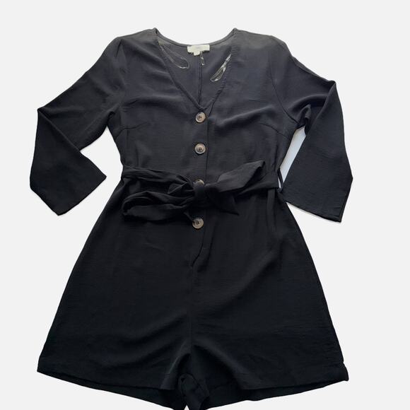 Entro Black Romper Women’s S Button Front Tie Waist 3/4 Sleeve One Piece Casual - Picture 6 of 16